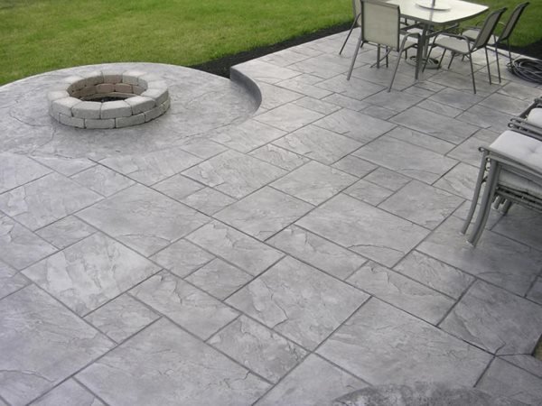 Stamped concrete patio and firepit
